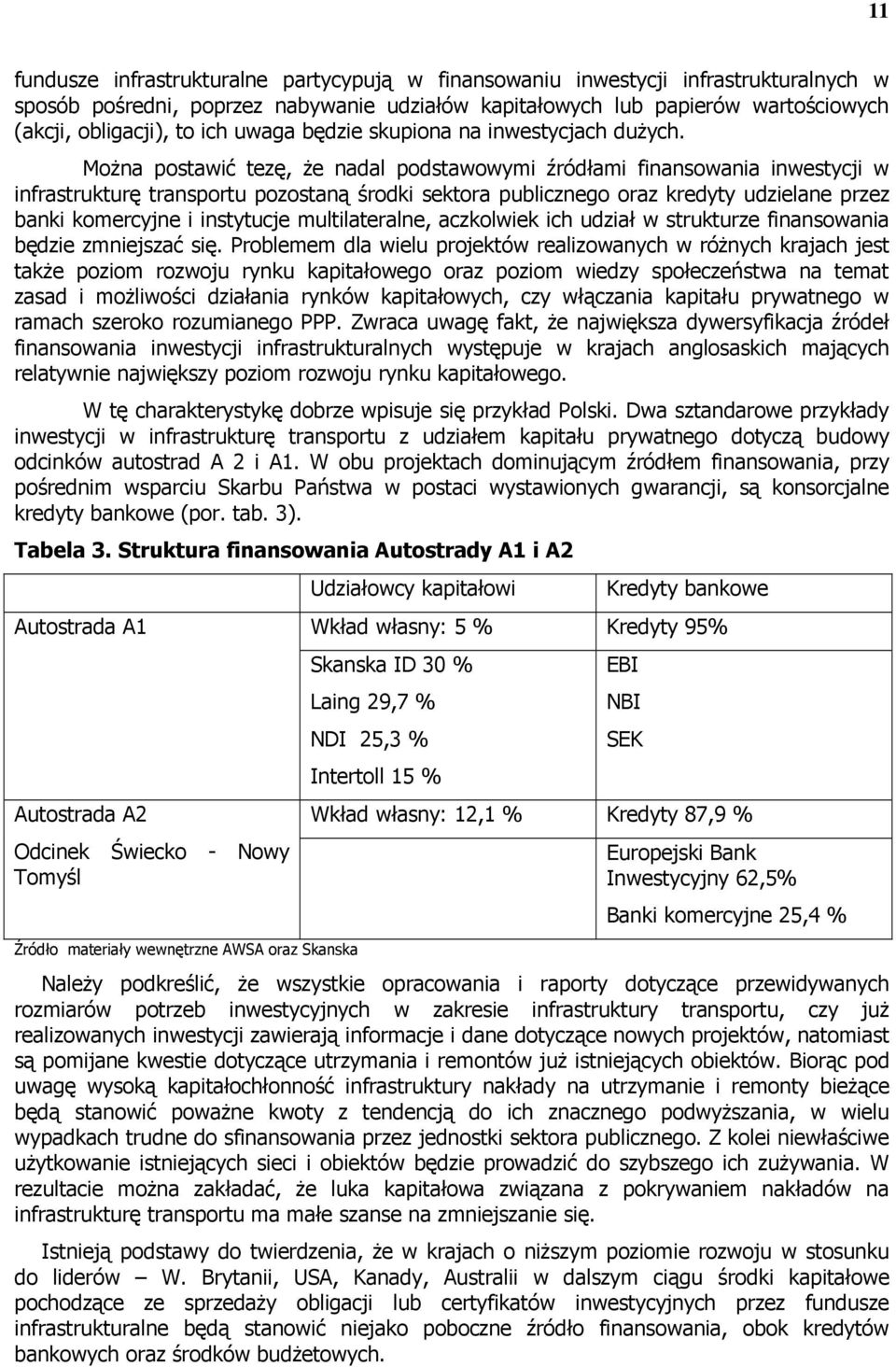 MoŜna postawić tezę, Ŝe nadal podstawowymi źródłami finansowania inwestycji w infrastrukturę transportu pozostaną środki sektora publicznego oraz kredyty udzielane przez banki komercyjne i instytucje