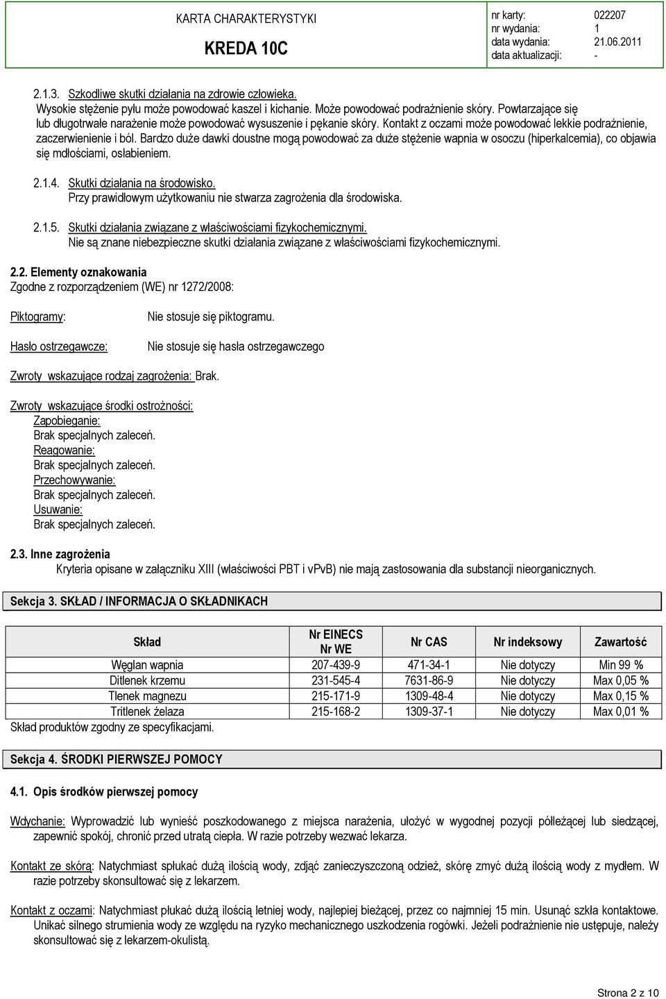 Bardzo duże dawki doustne mogą powodować za duże stężenie wapnia w osoczu (hiperkalcemia), co objawia się mdłościami, osłabieniem. 2..4. Skutki działania na środowisko.