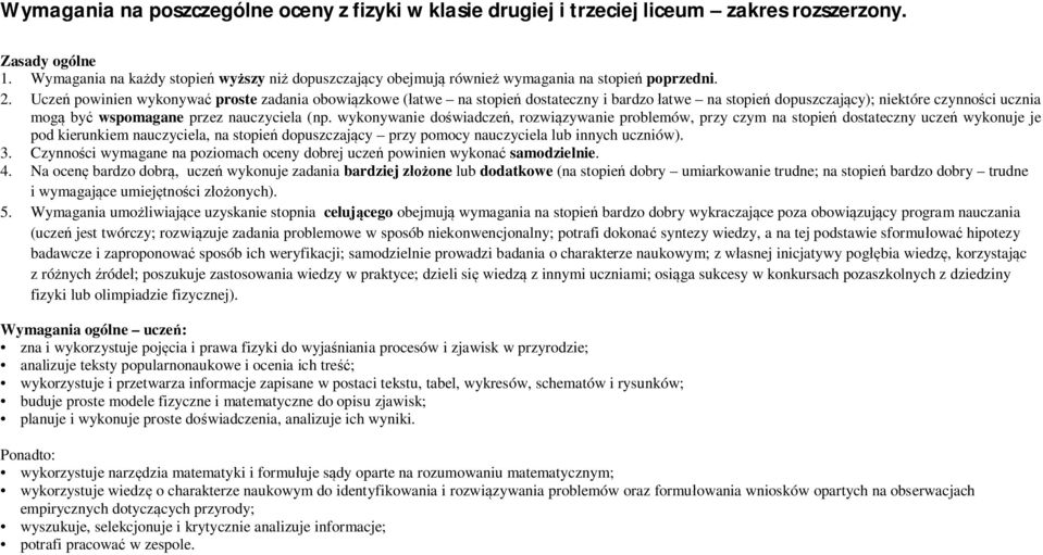 Uczeń powinien wykonywać proste zadania obowiązkowe (łatwe na stopień dostateczny i bardzo łatwe na stopień dopuszczający); niektóre czynności ucznia mogą być wspomagane przez nauczyciela (np.