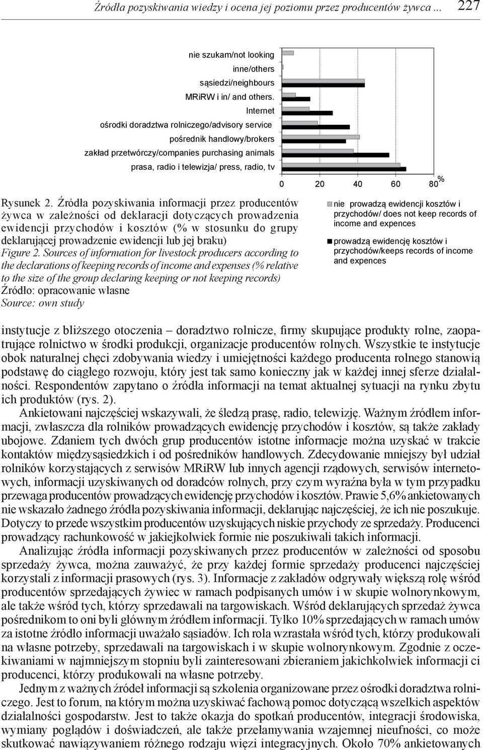 Źródła pozyskiwania informacji przez producentów żywca w zależności od deklaracji dotyczących prowadzenia ewidencji przychodów i kosztów ( w stosunku do grupy deklarującej prowadzenie ewidencji lub