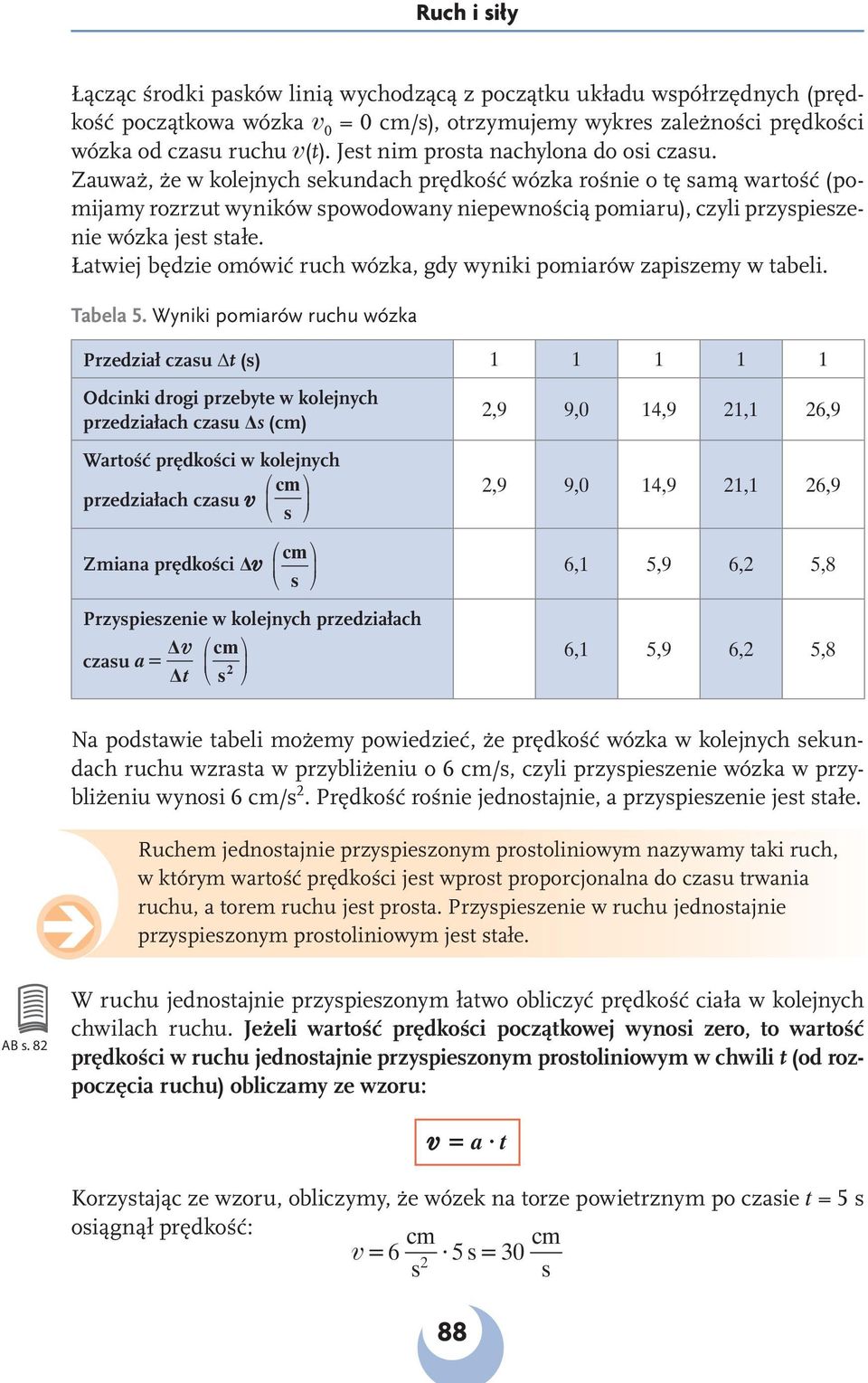 Zauważ, że w kolejnych sekundach prędkość wózka rośnie o tę samą wartość (pomijamy rozrzut wyników spowodowany niepewnością pomiaru), czyli przyspieszenie wózka jest stałe.