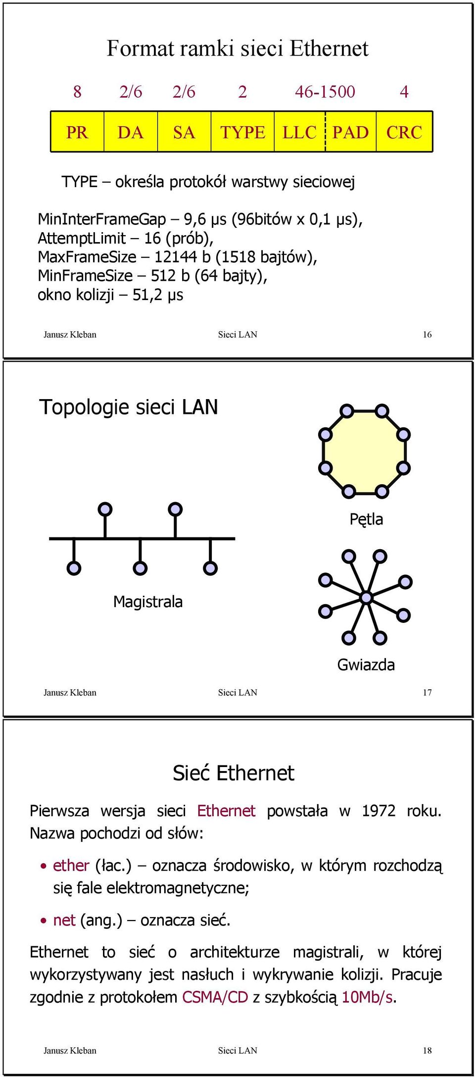 Ethernet Pierwsza wersja sieci Ethernet powstała w 972 roku. Nazwa pochodzi od słów: ether(łac.) oznacza środowisko, w którym rozchodzą się fale elektromagnetyczne; net(ang.