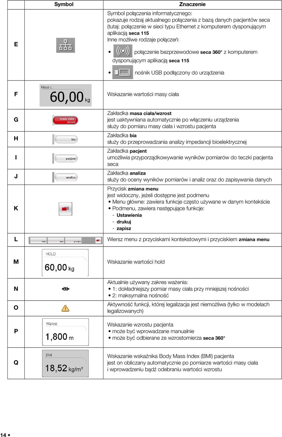 Zakładka masa ciała/wzrost jest uaktywniana automatycznie po włączeniu urządzenia służy do pomiaru masy ciała i wzrostu pacjenta Zakładka bia służy do przeprowadzania analizy impedancji