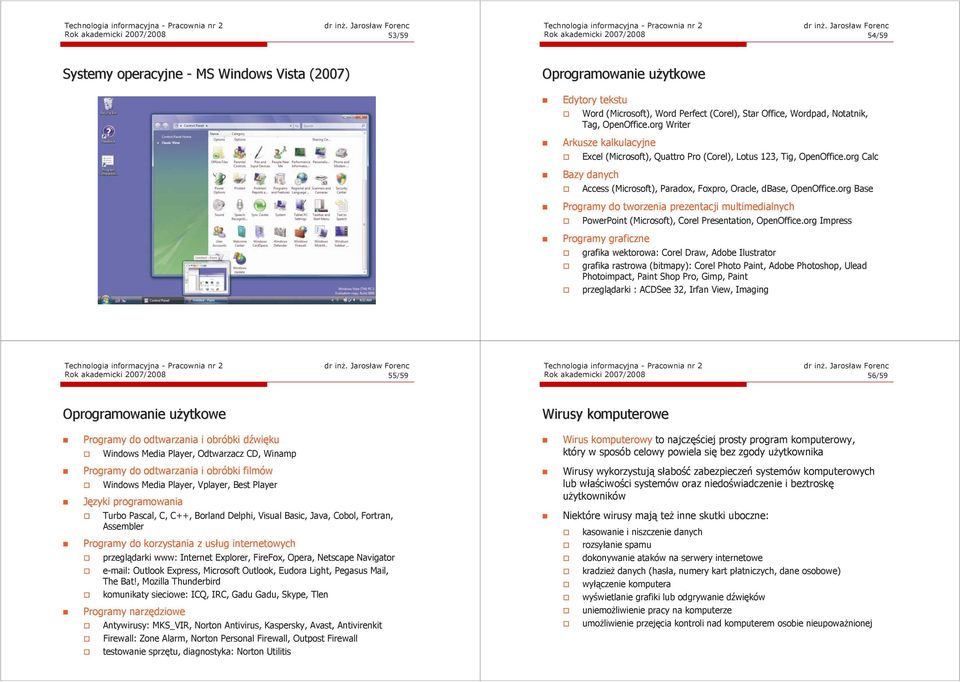 org Calc Bazy danych Access (Microsoft), Paradox, Foxpro, Oracle, dbase, OpenOffice.org Base Programy do tworzenia prezentacji multimedialnych PowerPoint (Microsoft), Corel Presentation, OpenOffice.