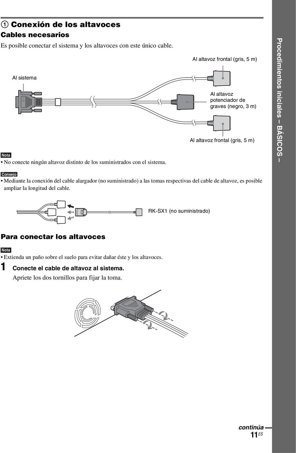 Al altavoz frontal (gris, 5 m) Al altavoz potenciador de graves (negro, 3 m) Al altavoz frontal (gris, 5 m) Procedimientos iniciales BÁSICOS Consejo Mediante la conexión del cable