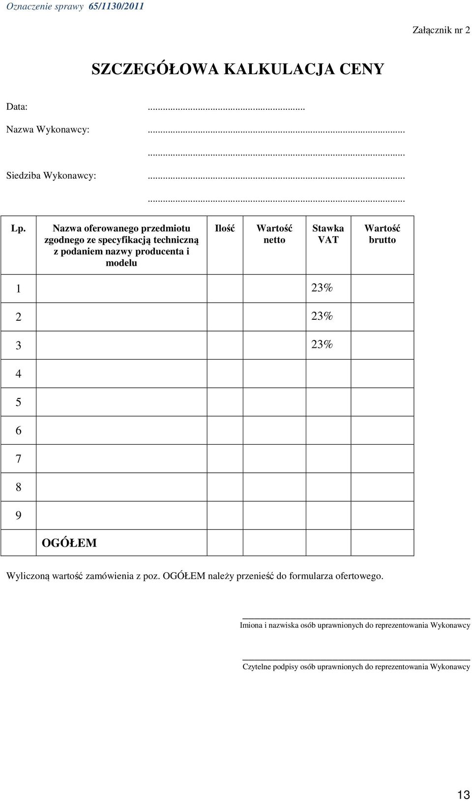 Wartość brutto 1 23% 2 23% 3 23% 4 5 6 7 8 9 OGÓŁEM Wyliczoną wartość zamówienia z poz.