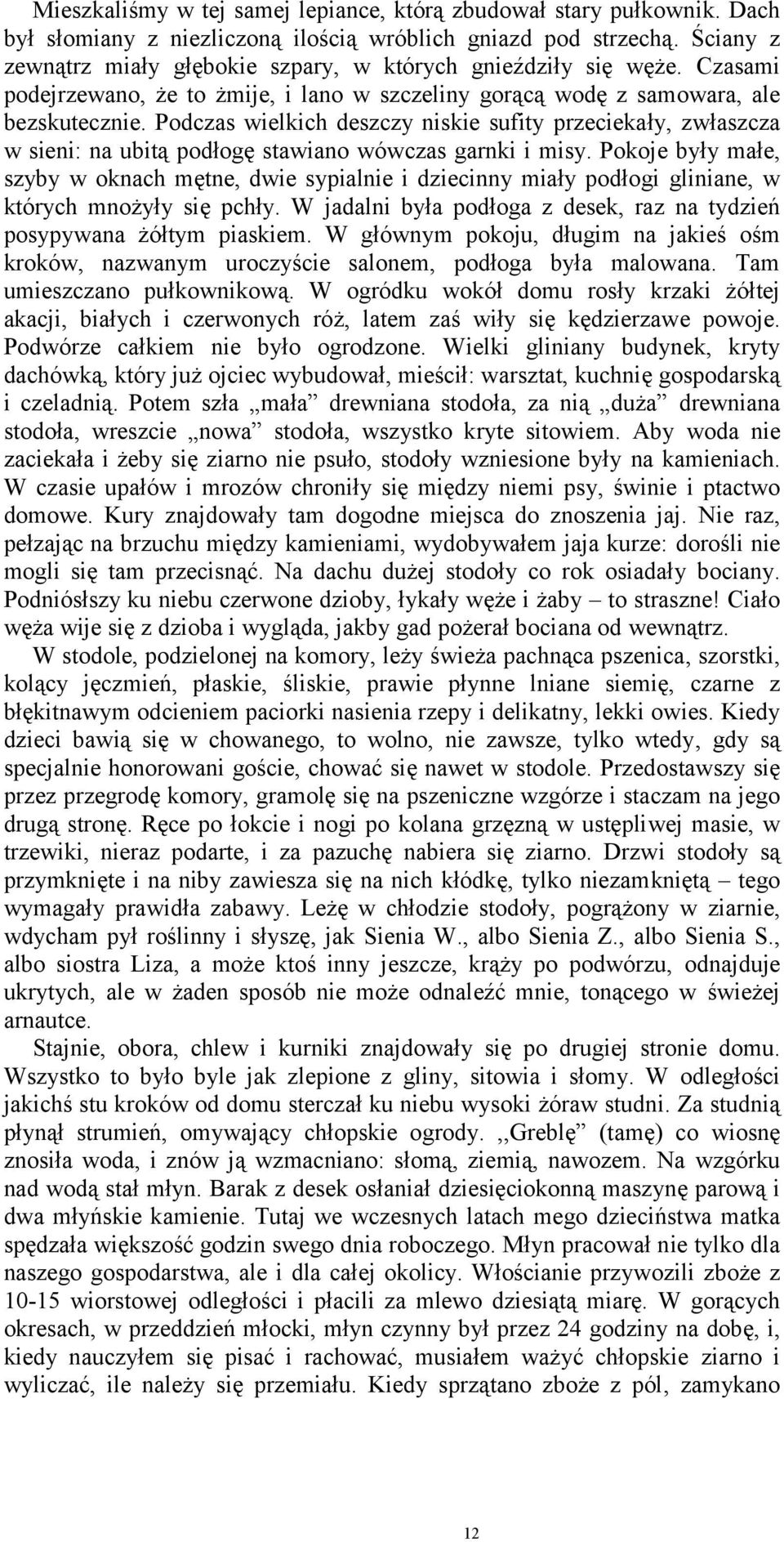 Podczas wielkich deszczy niskie sufity przeciekały, zwłaszcza w sieni: na ubitą podłogę stawiano wówczas garnki i misy.