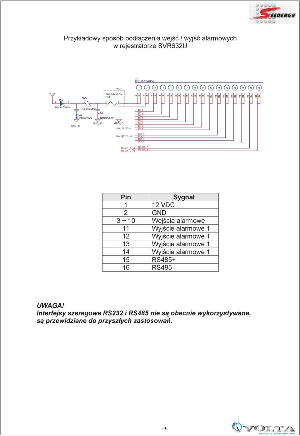 1 13 Wyjście alarmowe 1 14 Wyjście alarmowe 1 15 RS485+ 16 RS485- UWAGA!