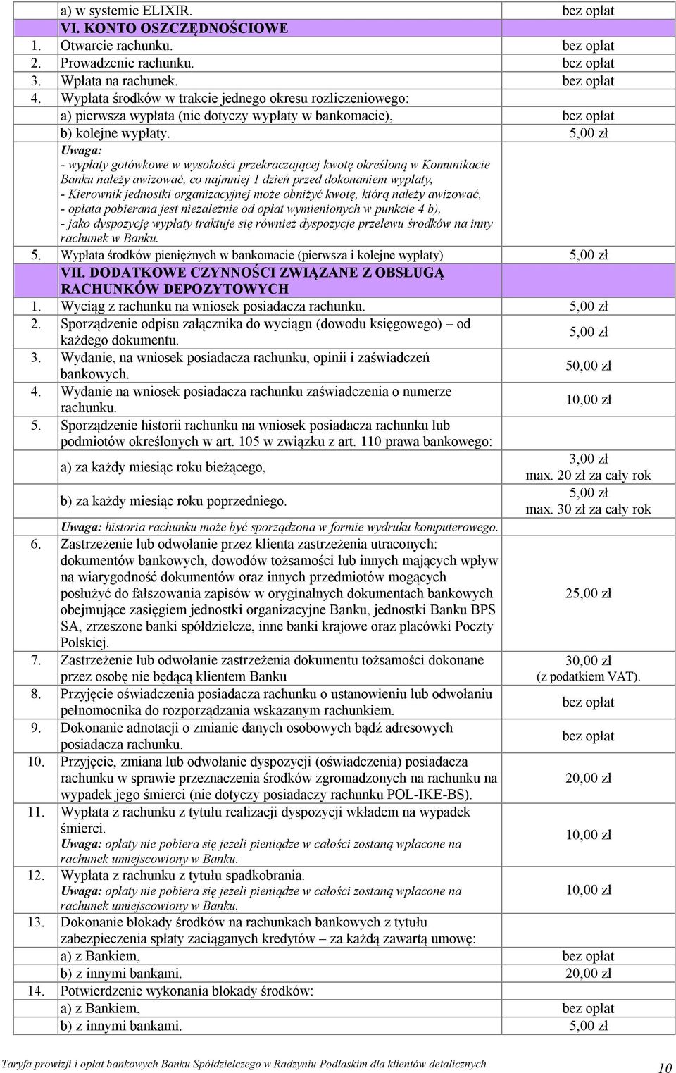 5,00 zł Uwaga: - wypłaty gotówkowe w wysokości przekraczającej kwotę określoną w Komunikacie Banku należy awizować, co najmniej 1 dzień przed dokonaniem wypłaty, - Kierownik jednostki organizacyjnej