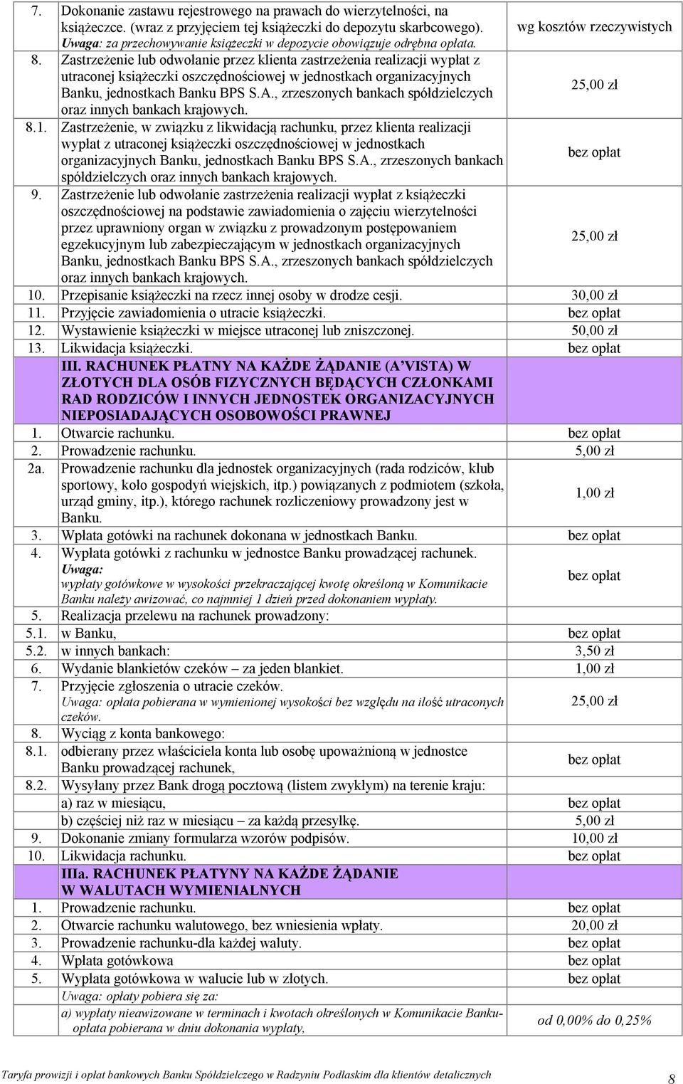 Zastrzeżenie lub odwołanie przez klienta zastrzeżenia realizacji wypłat z utraconej książeczki oszczędnościowej w jednostkach organizacyjnych Banku, jednostkach Banku BPS S.A.