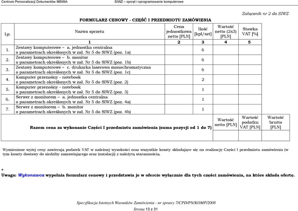 drukarka laserowa monochromatyczna o parametrach określonych w zał. Nr 5 do SIWZ (poz. 1c) 6 Komputer przenośny - notebook o parametrach określonych w zał. Nr 5 do SIWZ (poz. 2) 2 Komputer przenośny - notebook o parametrach określonych w zał.