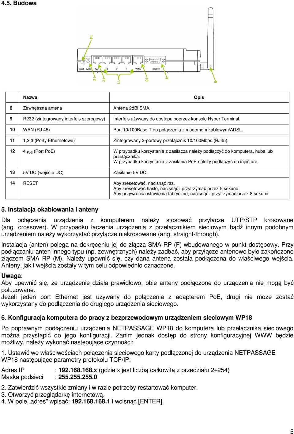 12 4 PoE (Port PoE) W przypadku korzystania z zasilacza należy podłączyć do komputera, huba lub przełącznika. W przypadku korzystania z zasilania PoE należy podłączyć do injectora.