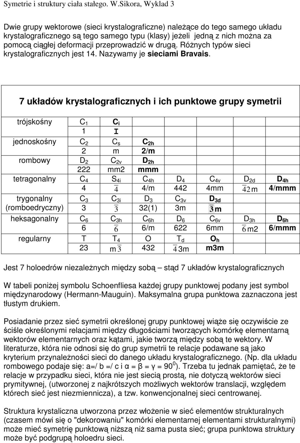 7 ułdów ystlfznyh h puntwe upy symet tósśny C C I ednsśny C C s C h m /m mwy D C v D h mm mmm tetnlny C 4 S 4 C 4h D 4 C 4v D d D 4h 4 4 4/m 44 4mm 4m 4/mmm tynlny C C D C v D d (medyzny) () m m