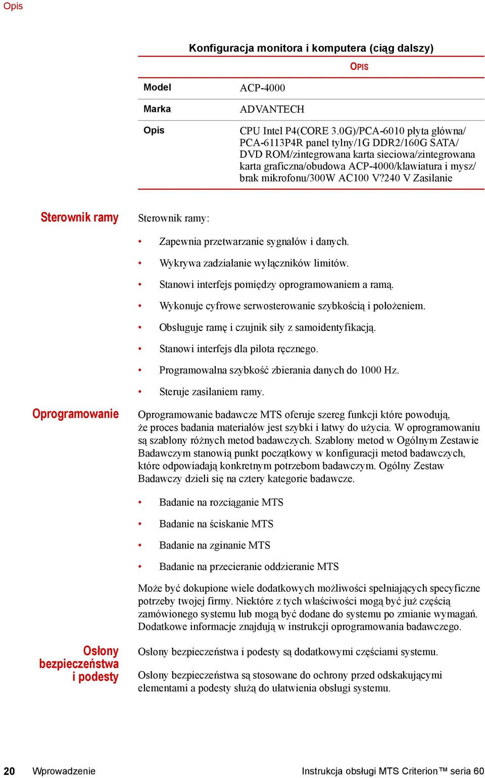 240 V Zasilanie Sterownik ramy Sterownik ramy: Zapewnia przetwarzanie sygnałów i danych. Wykrywa zadziałanie wyłączników limitów. Stanowi interfejs pomiędzy oprogramowaniem a ramą.