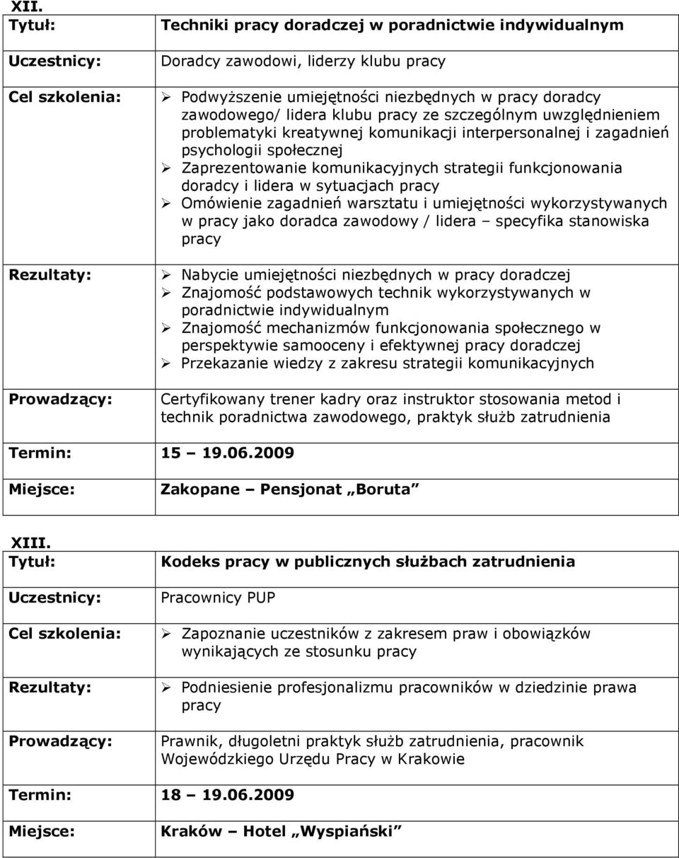 Omówienie zagadnień warsztatu i umiejętności wykorzystywanych w pracy jako doradca zawodowy / lidera specyfika stanowiska pracy Nabycie umiejętności niezbędnych w pracy doradczej Znajomość