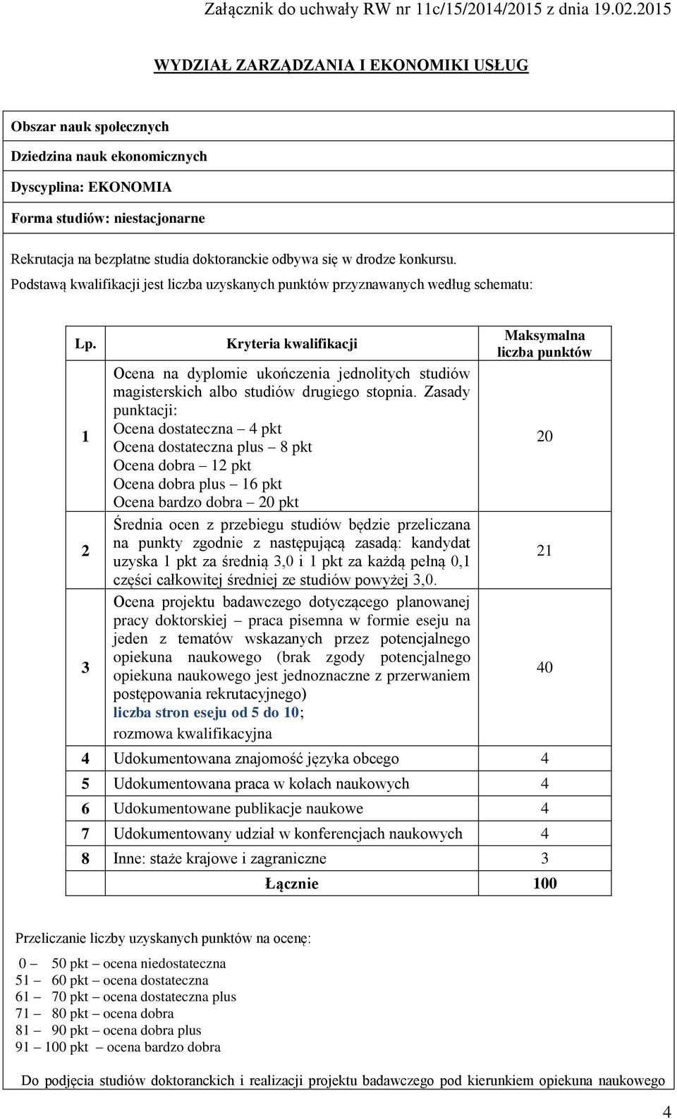 1 2 3 Kryteria kwalifikacji Ocena na dyplomie ukończenia jednolitych studiów magisterskich albo studiów drugiego stopnia.