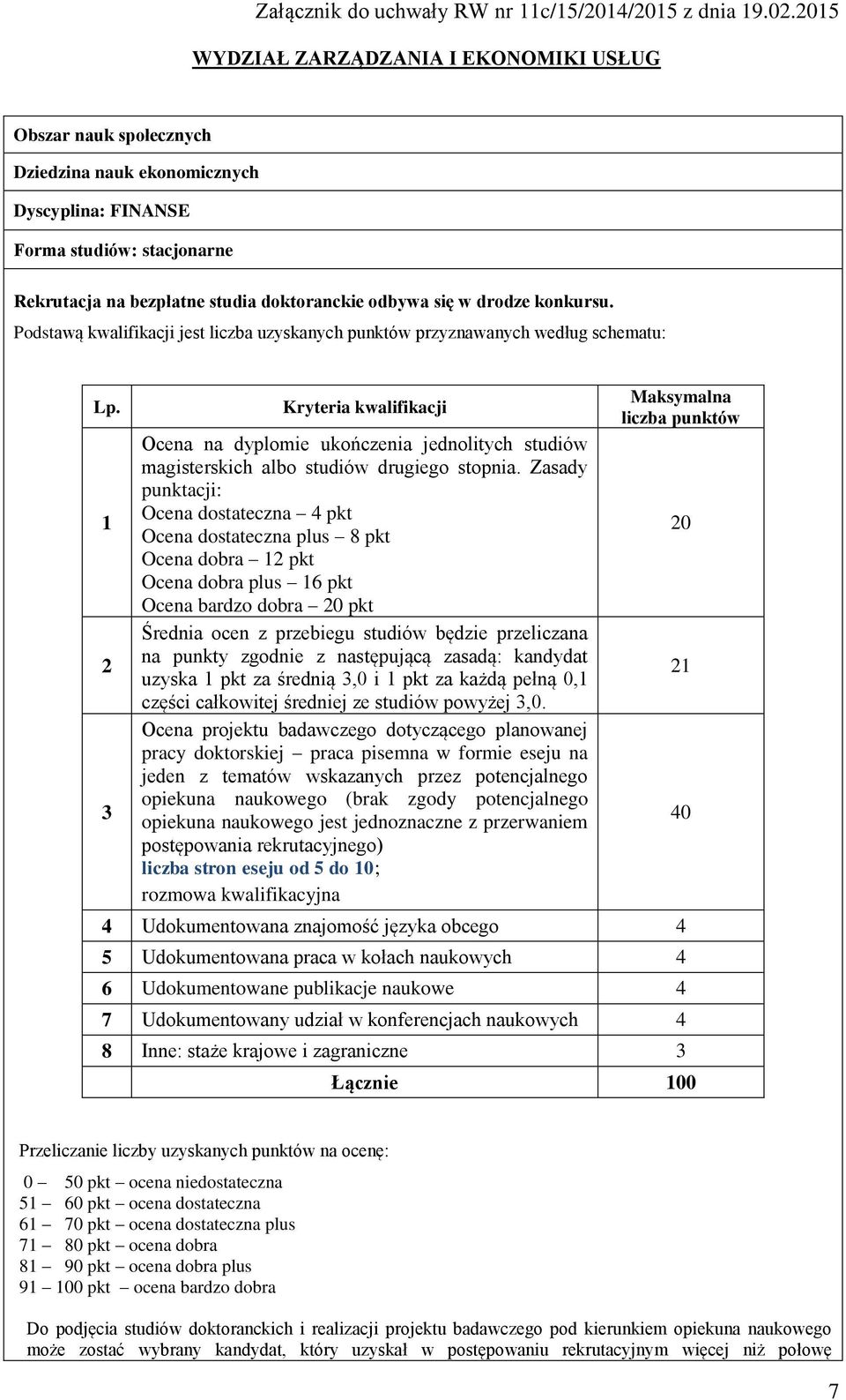 1 2 3 Kryteria kwalifikacji Ocena na dyplomie ukończenia jednolitych studiów magisterskich albo studiów drugiego stopnia.