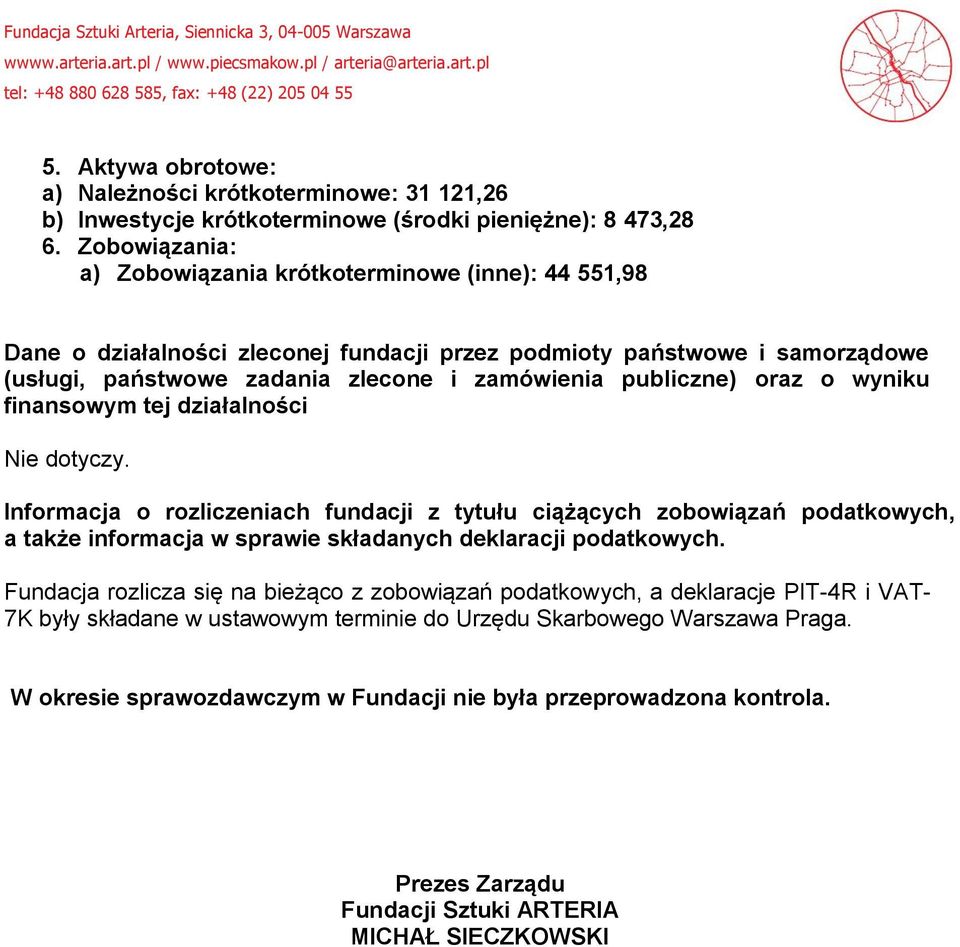 oraz o wyniku finansowym tej działalności Nie dotyczy. Informacja o rozliczeniach fundacji z tytułu ciążących zobowiązań podatkowych, a także informacja w sprawie składanych deklaracji podatkowych.