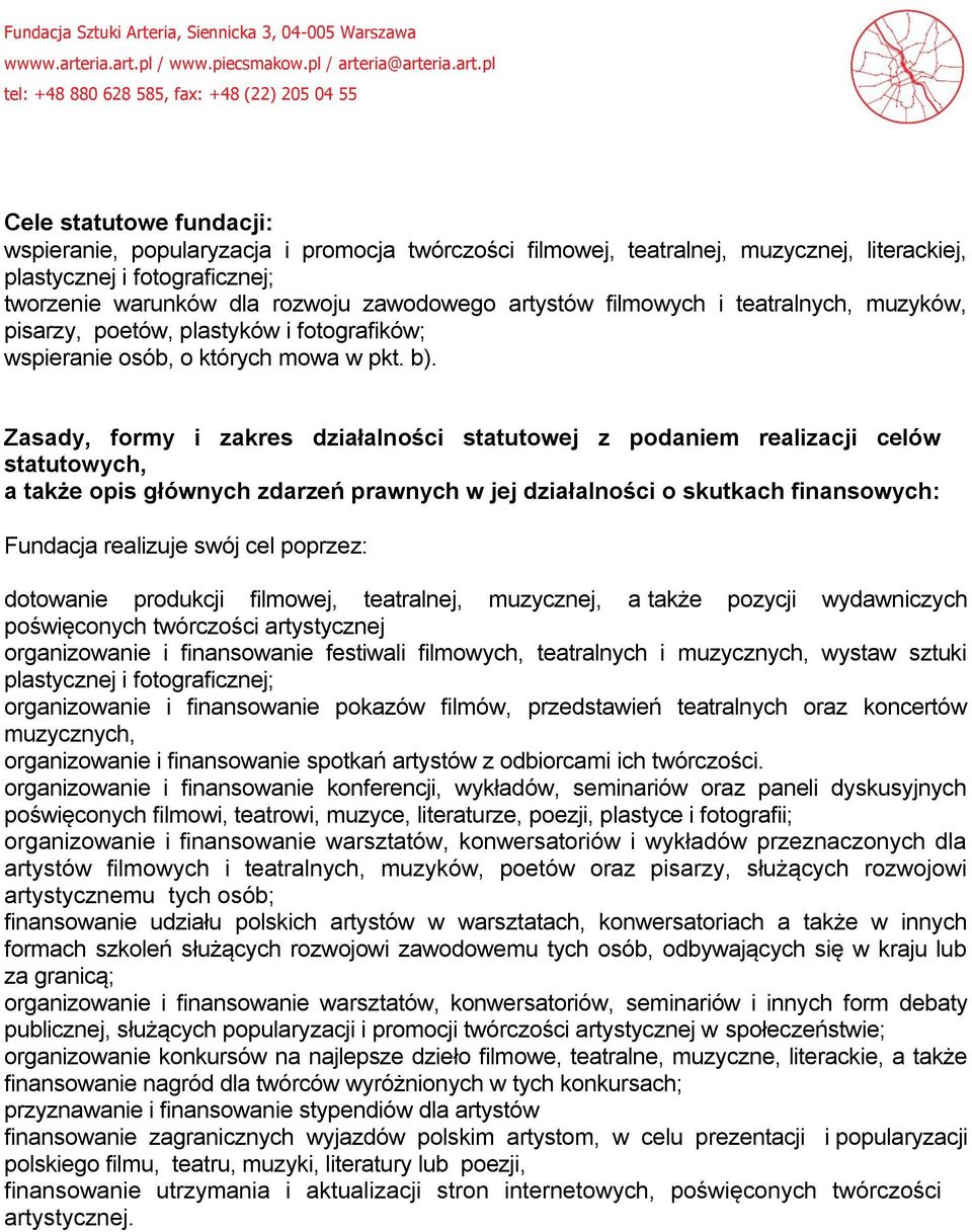 Zasady, formy i zakres działalności statutowej z podaniem realizacji celów statutowych, a także opis głównych zdarzeń prawnych w jej działalności o skutkach finansowych: Fundacja realizuje swój cel