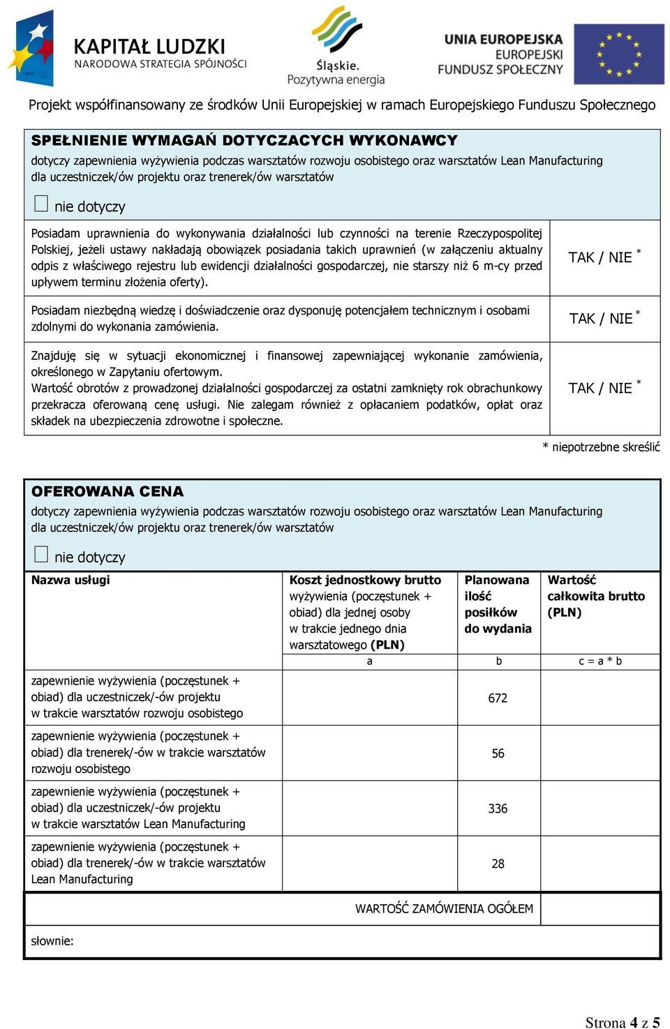 dnia warsztatowego (PLN) Planowana ilość posiłków do wydania Wartość całkowita brutto (PLN) obiad) dla uczestniczek/-ów projektu w trakcie warsztatów rozwoju osobistego obiad)