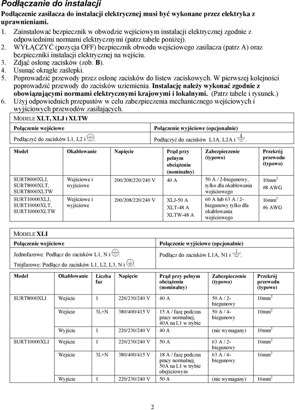 WYŁĄCZYĆ (pozycja OFF) bezpiecznik obwodu wejściowego zasilacza (patrz A) oraz bezpieczniki instalacji elektrycznej na wejściu. 3. Zdjąć osłonę zacisków (zob. B). 4. Usunąć okrągłe zaślepki. 5.