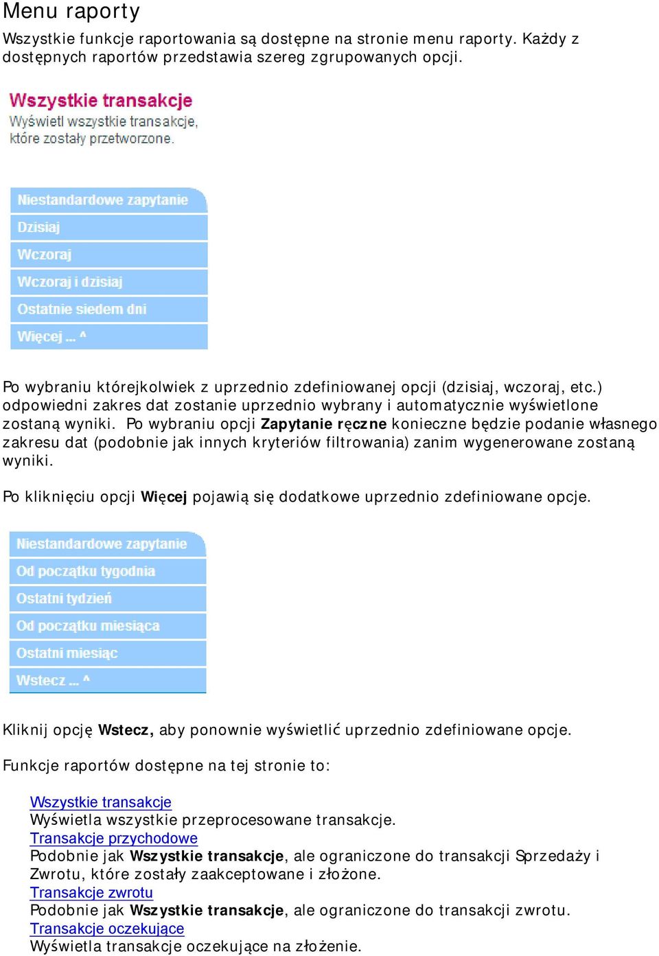 Po wybraniu opcji Zapytanie r czne konieczne b dzie podanie w asnego zakresu dat (podobnie jak innych kryteriów filtrowania) zanim wygenerowane zostan wyniki.