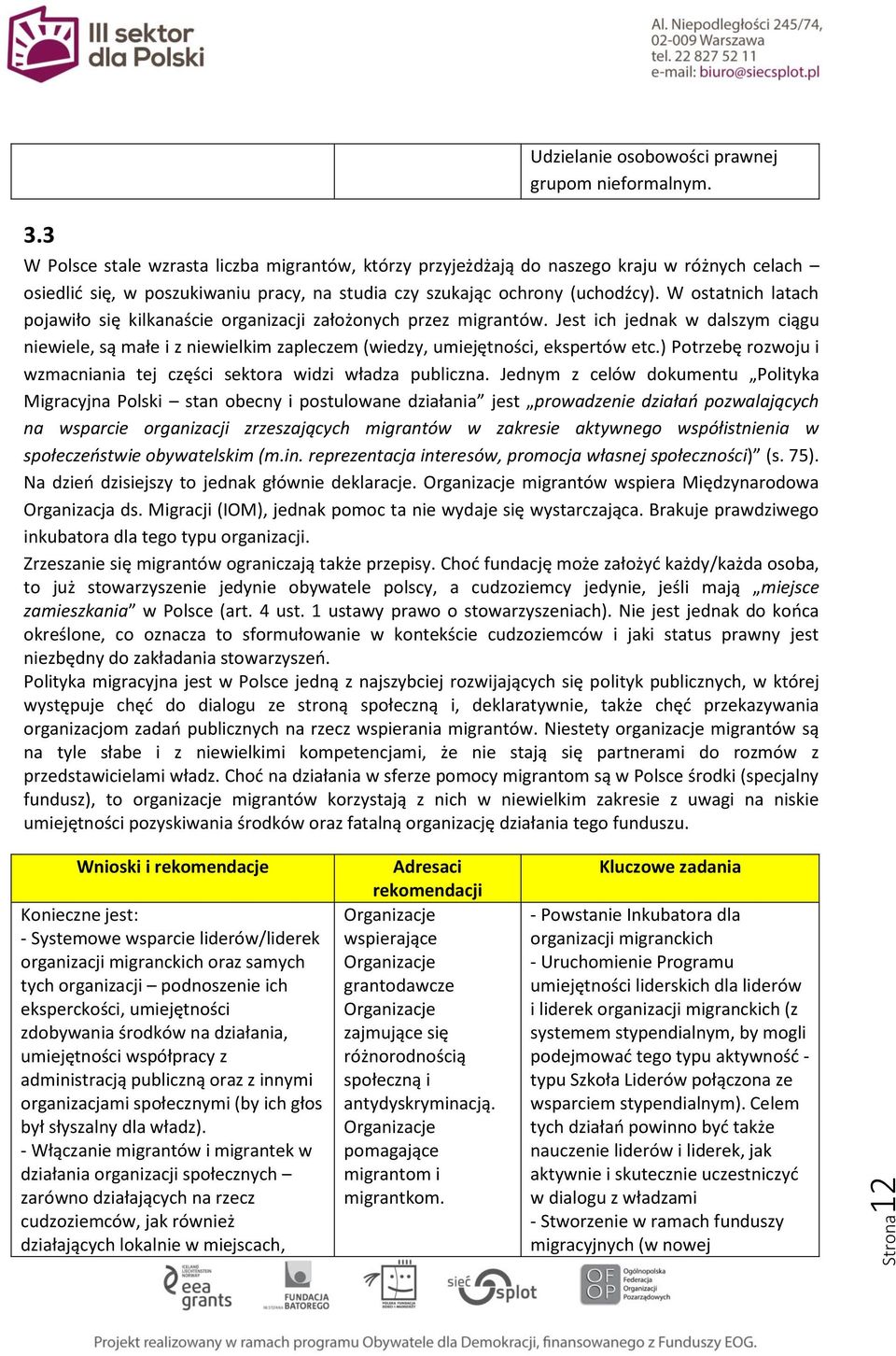 W ostatnich latach pojawiło się kilkanaście organizacji założonych przez migrantów. Jest ich jednak w dalszym ciągu niewiele, są małe i z niewielkim zapleczem (wiedzy, umiejętności, ekspertów etc.