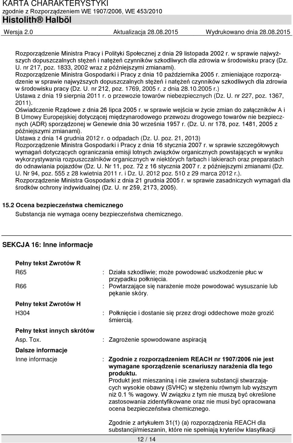 zmieniające rozporządzenie w sprawie najwyższych dopuszczalnych stężeń i natężeń czynników szkodliwych dla zdrowia w środowisku pracy (Dz. U. nr 212, poz. 1769, 2005 r.