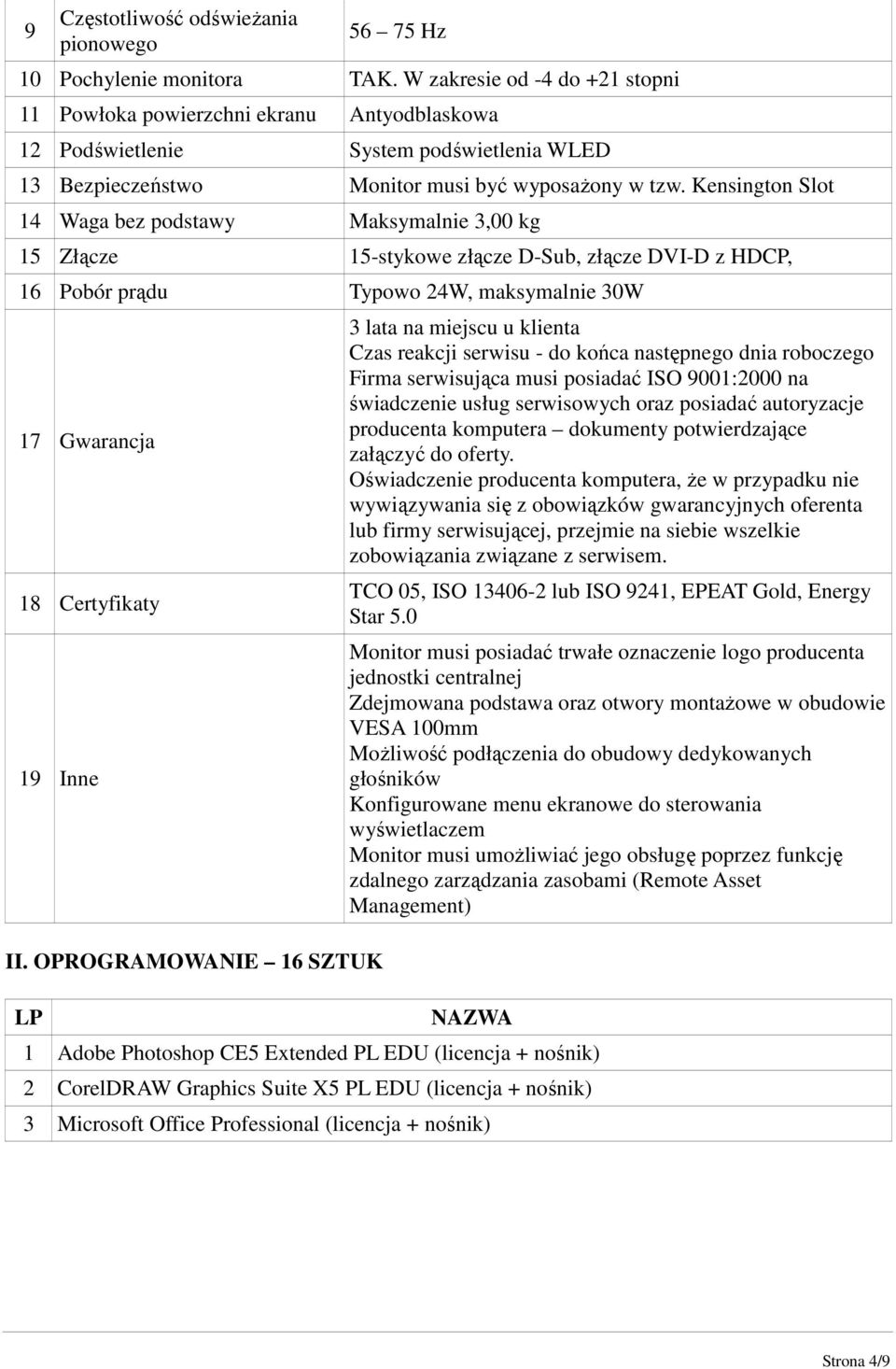 Kensington Slot 14 Waga bez podstawy Maksymalnie 3,00 kg 15 Złącze 15-stykowe złącze D-Sub, złącze DVI-D z HDCP, 16 Pobór prądu Typowo 24W, maksymalnie 30W 17 Gwarancja 18 Certyfikaty 19 Inne II.