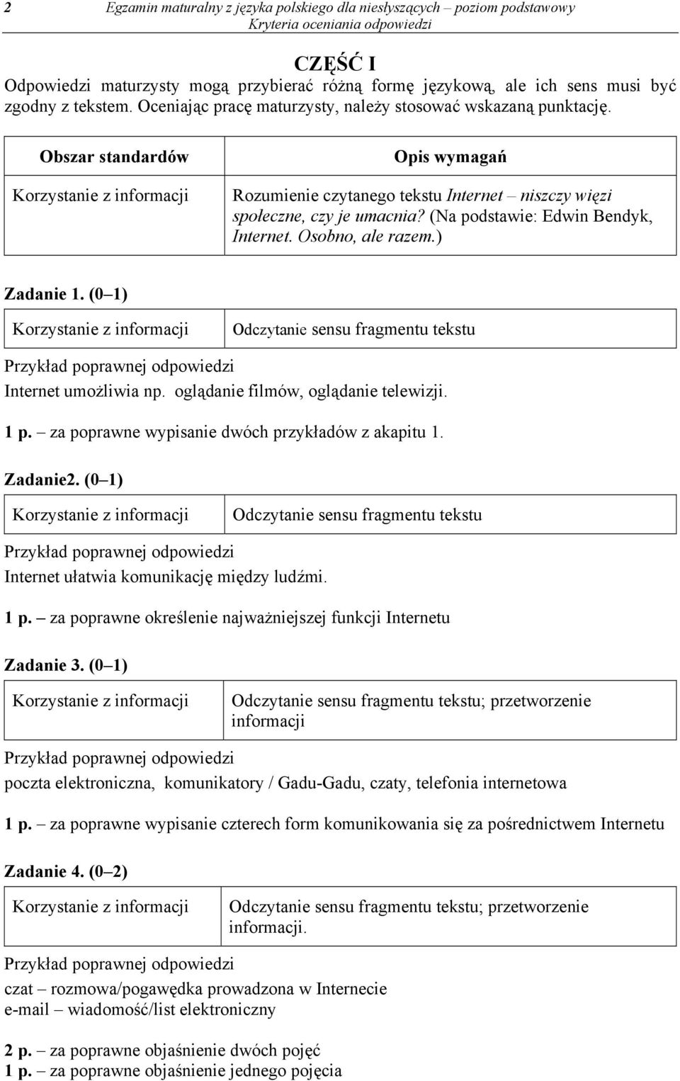 (Na podstawie: Edwin Bendyk, Internet. Osobno, ale razem.) Zadanie 1. (0 1) Odczytanie sensu fragmentu tekstu Internet umożliwia np. oglądanie filmów, oglądanie telewizji. 1 p.