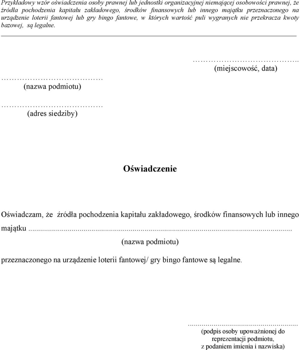 (nazwa podmiotu).. (miejscowość, data) (adres siedziby) Oświadczenie Oświadczam, że źródła pochodzenia kapitału zakładowego, środków finansowych lub innego majątku.