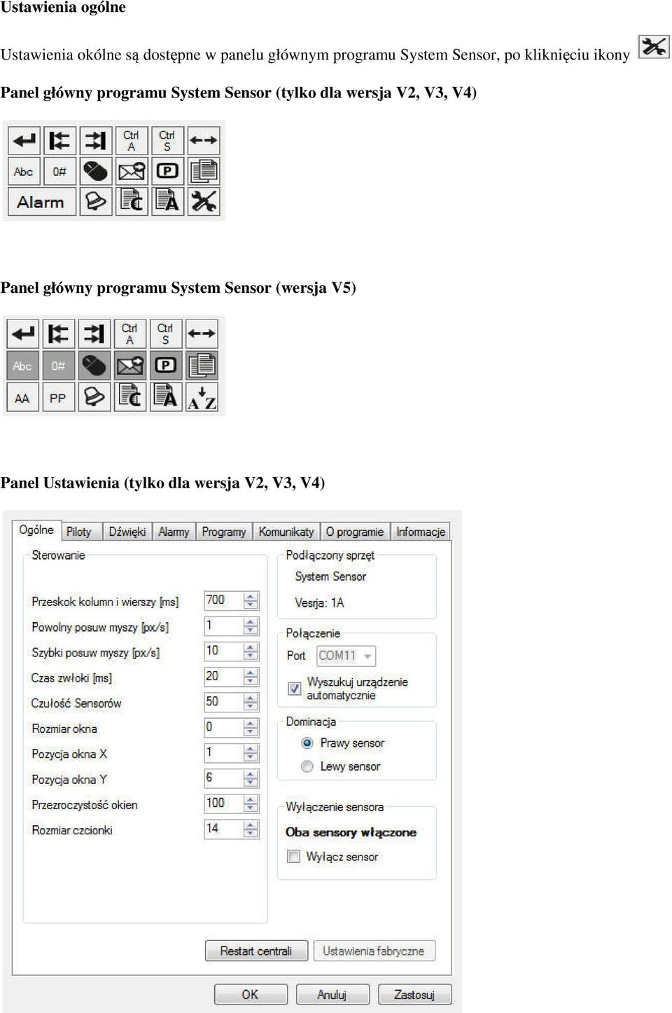 System Sensor (tylko dla wersja V2, V3, V4) Panel główny programu