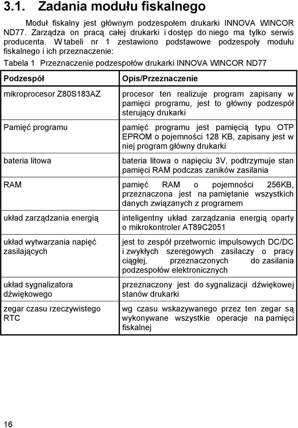 programu bateria litowa Opis/Przeznaczenie procesor ten realizuje program zapisany w pamię ci programu, jest to główny podzespó ł sterują cy drukarki pamię ć programu jest pamię cią typu OTP EPROM o