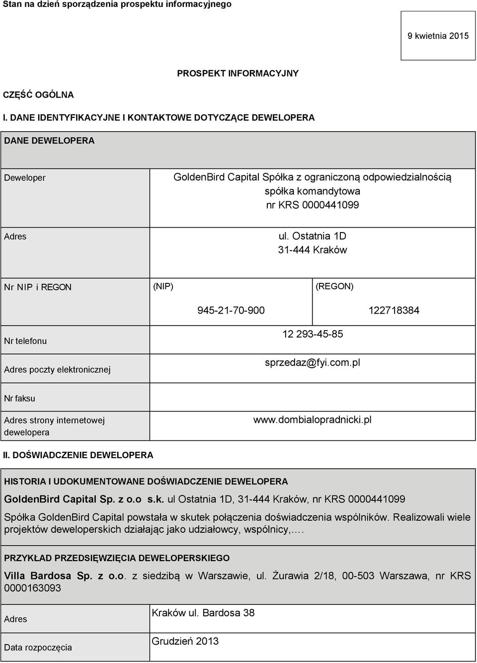 Ostatnia 1D 31-444 Kraków Nr NIP i REGON (NIP) (REGON) 945-21-70-900 122718384 Nr telefonu Adres poczty elektronicznej 12 293-45-85 sprzedaz@fyi.com.