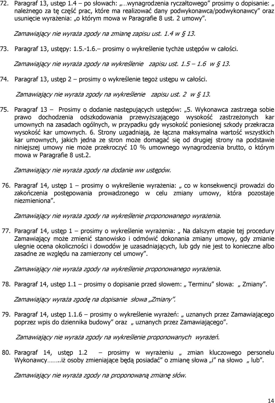 2 umowy. Zamawiający nie wyraŝa zgody na zmianę zapisu ust. 1.4 w 13. 73. Paragraf 13, ustępy: 1.5.-1.6. prosimy o wykreślenie tychŝe ustępów w całości.