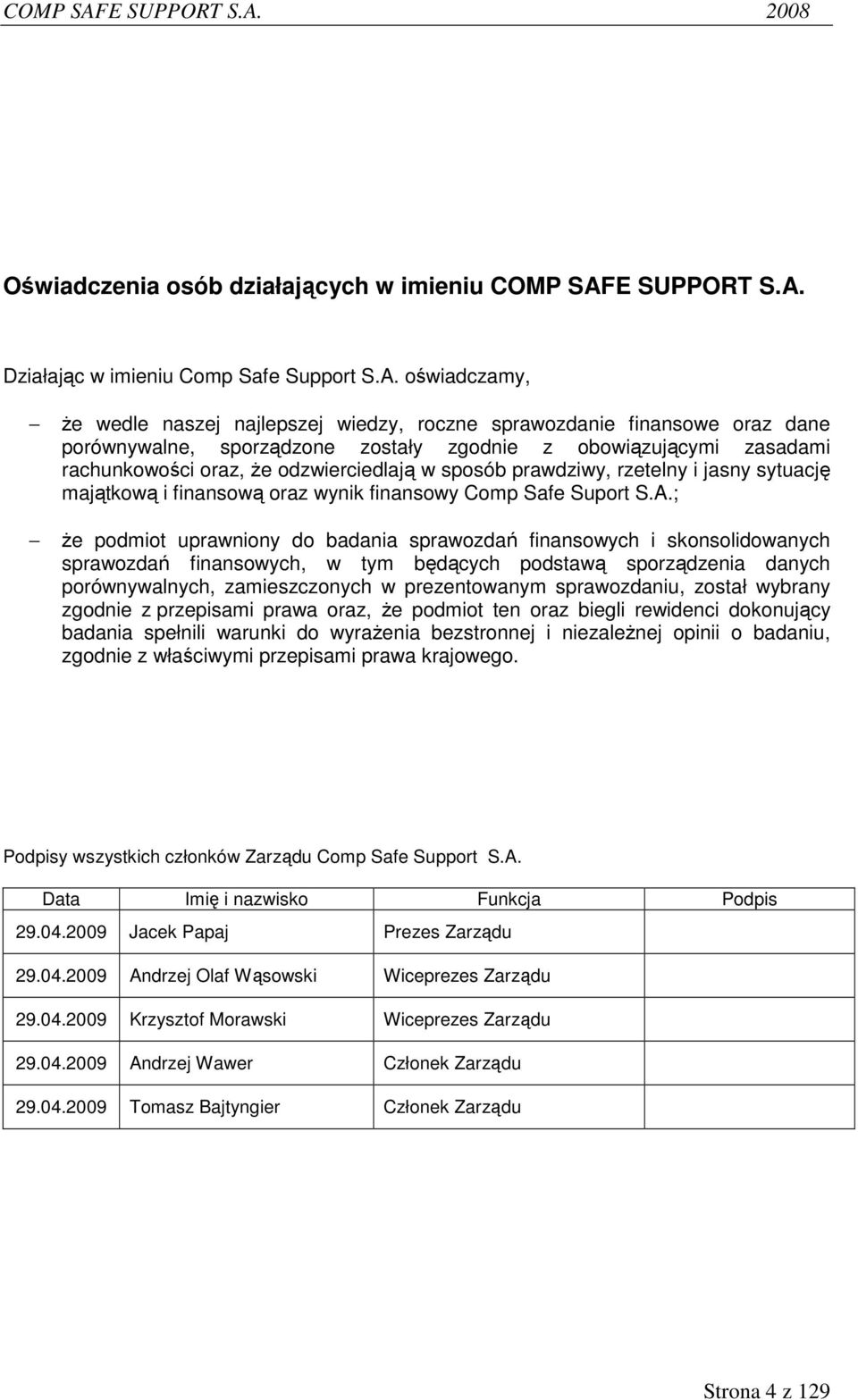 Działając w imieniu Comp Safe Support S.A.