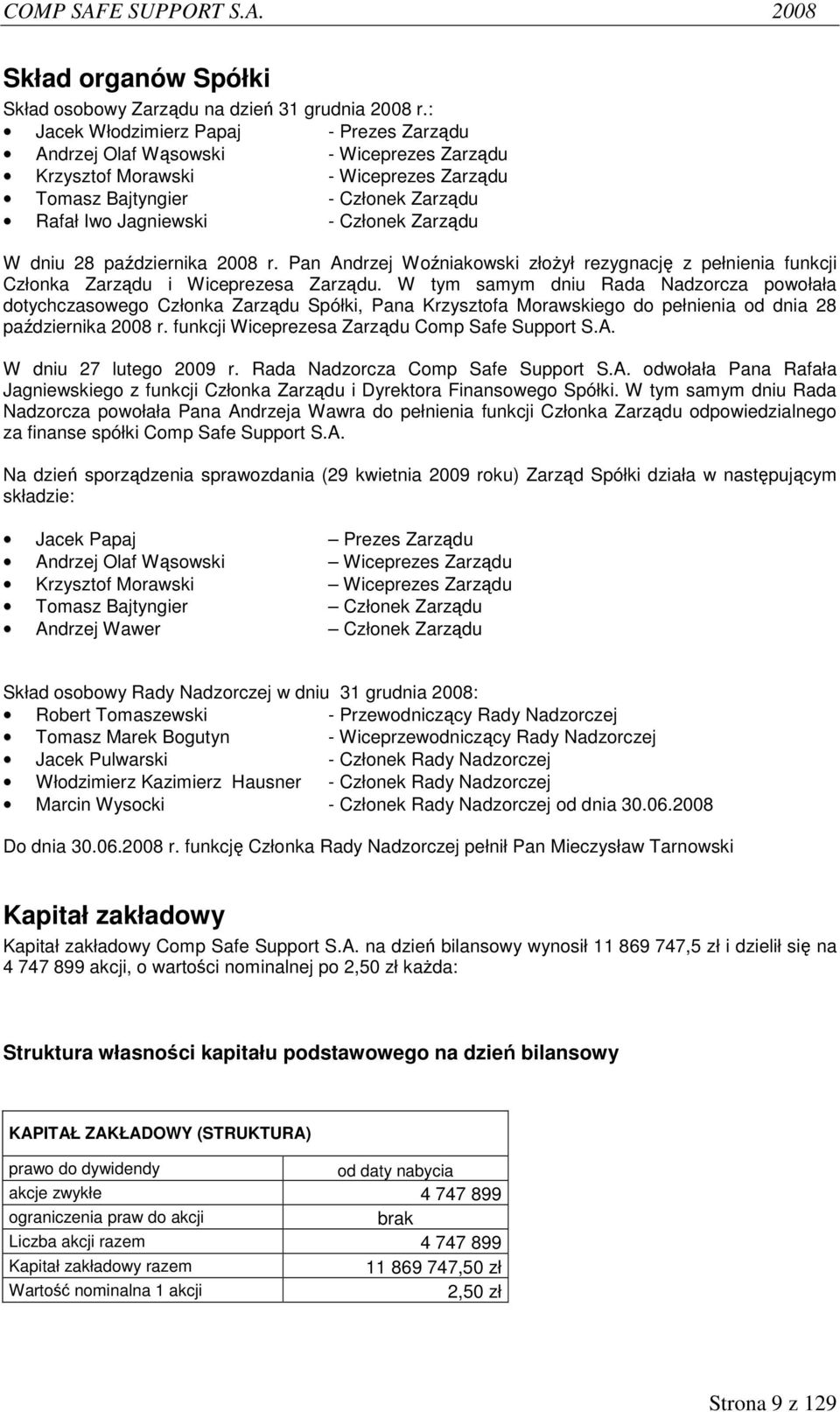 Zarządu W dniu 28 października 2008 r. Pan Andrzej Woźniakowski złożył rezygnację z pełnienia funkcji Członka Zarządu i Wiceprezesa Zarządu.