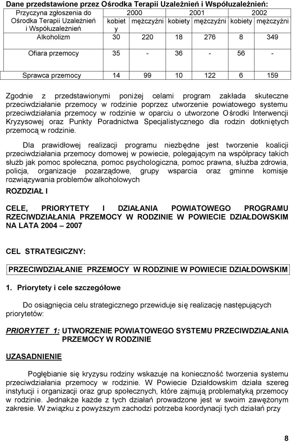 przemocy w rodzinie poprzez utworzenie powiatowego systemu przeciwdziałania przemocy w rodzinie w oparciu o utworzone Ośrodki Interwencji Kryzysowej oraz Punkty Poradnictwa Specjalistycznego dla