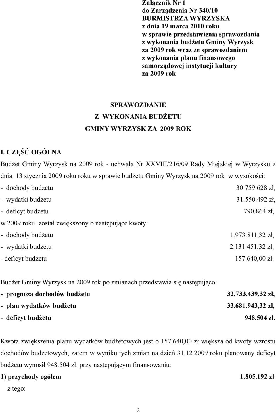 CZĘŚĆ OGÓLNA Budżet Gminy Wyrzysk na 2009 rok - uchwała Nr XXVIII/216/09 Rady Miejskiej w Wyrzysku z dnia 13 stycznia 2009 roku roku w sprawie budżetu Gminy Wyrzysk na 2009 rok w wysokości: - dochody