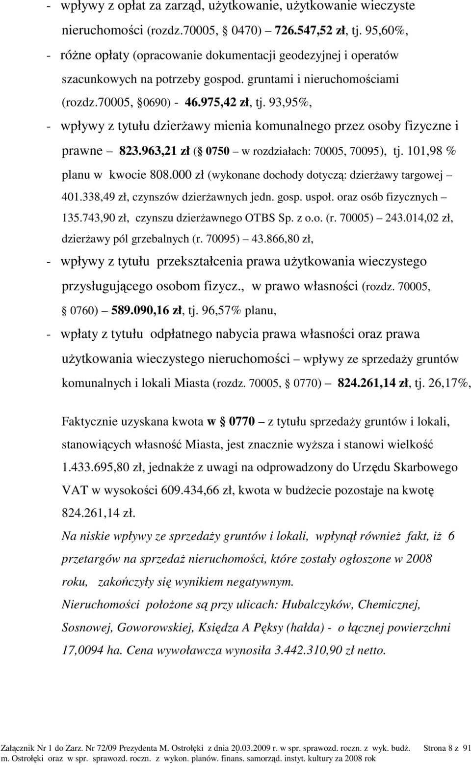 93,95%, - wpływy z tytułu dzierŝawy mienia komunalnego przez osoby fizyczne i prawne 823.963,21 zł ( 0750 w rozdziałach: 70005, 70095), tj. 101,98 % planu w kwocie 808.