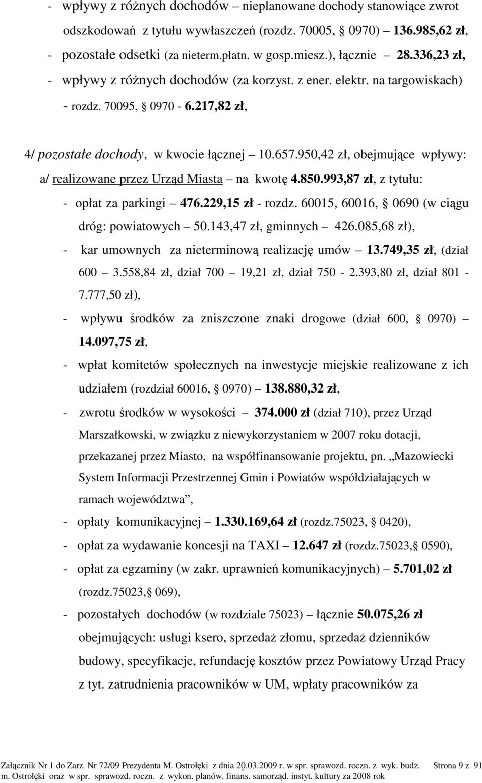 950,42 zł, obejmujące wpływy: a/ realizowane przez Urząd Miasta na kwotę 4.850.993,87 zł, z tytułu: - opłat za parkingi 476.229,15 zł - rozdz. 60015, 60016, 0690 (w ciągu dróg: powiatowych 50.