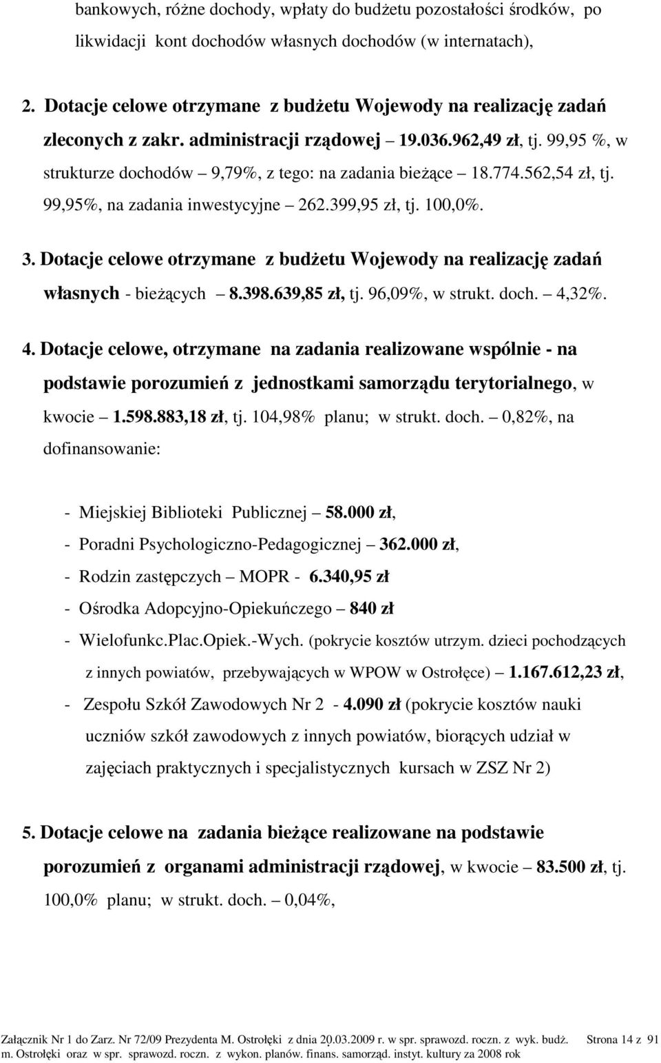 562,54 zł, tj. 99,95%, na zadania inwestycyjne 262.399,95 zł, tj. 100,0%. 3. Dotacje celowe otrzymane z budŝetu Wojewody na realizację zadań własnych - bieŝących 8.398.639,85 zł, tj. 96,09%, w strukt.