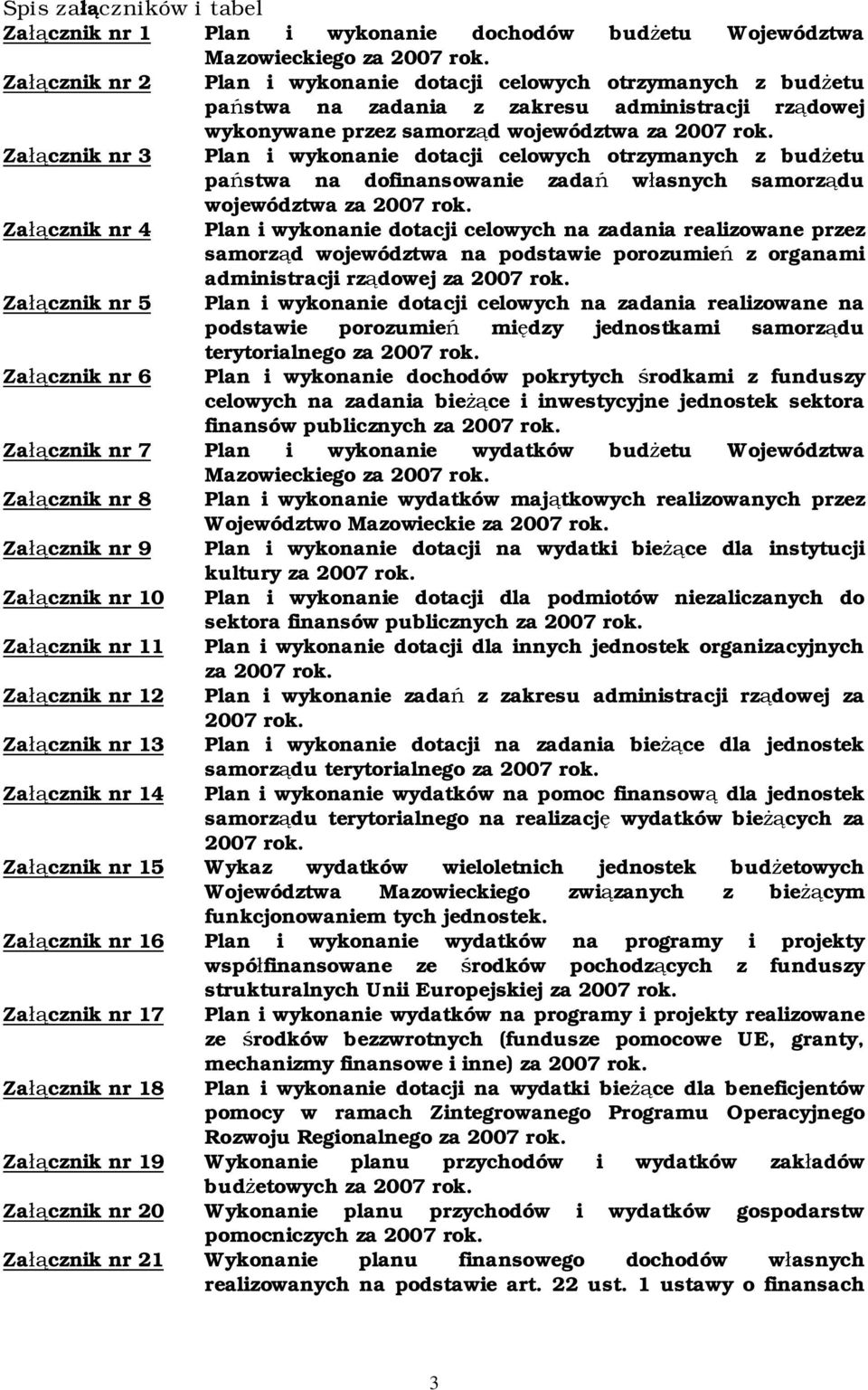 Za cznik nr 3 Plan i wykonanie dotacji celowych otrzymanych z bud etu pa stwa na dofinansowanie zada w asnych samorz du województwa za 2007 rok.