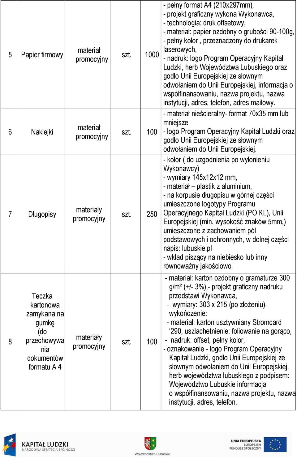 laserowych, - nadruk: logo Program Operacyjny Kapitał Ludzki, herb Województwa Lubuskiego oraz godło Unii Europejskiej ze słownym odwołaniem do Unii Europejskiej, informacja o współfinansowaniu,