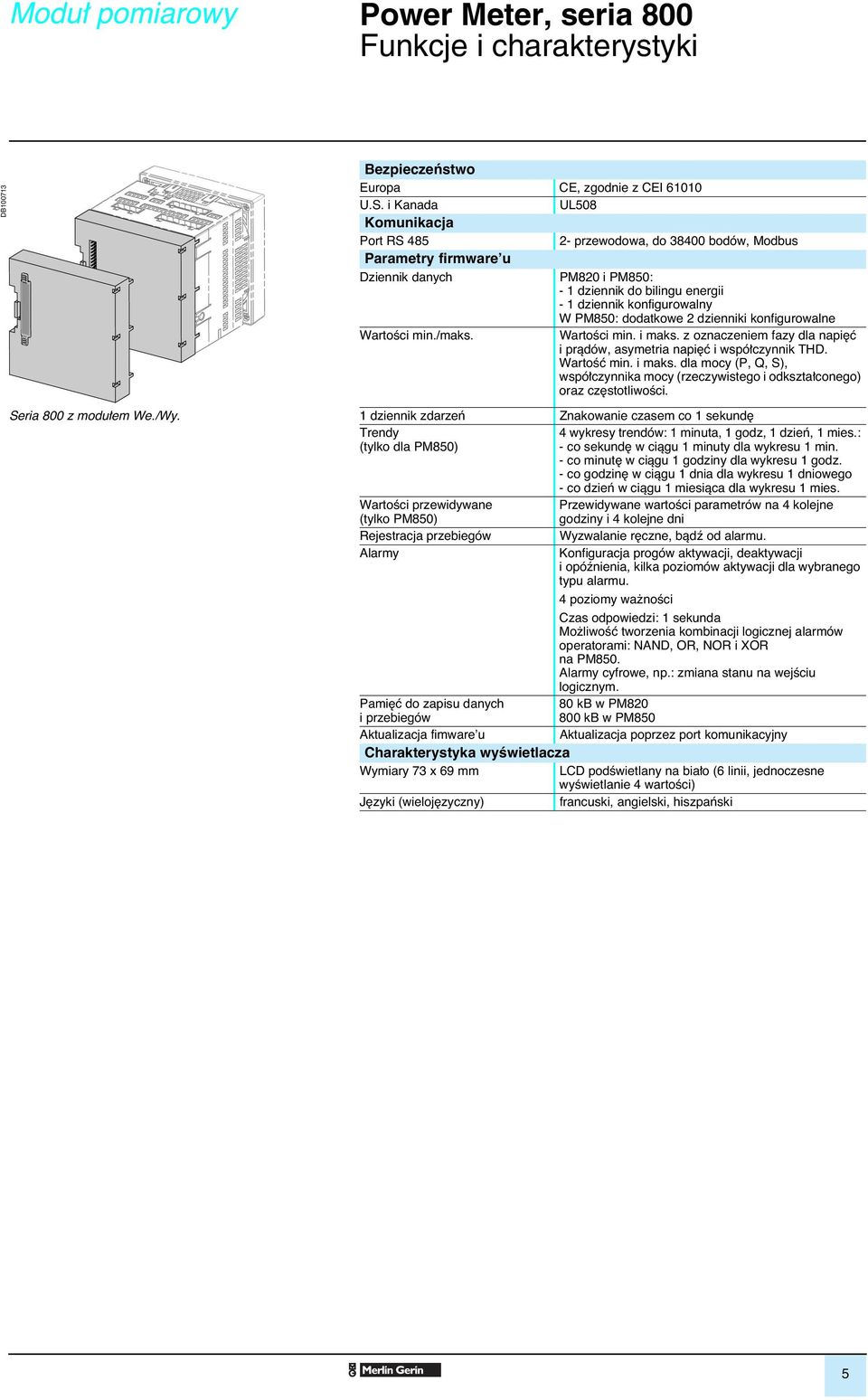 PM820 i PM850: - 1 dziennik do bilingu energii - 1 dziennik konfigurowalny W PM850: dodatkowe 2 dzienniki konfigurowalne WartoÊci min. i maks.