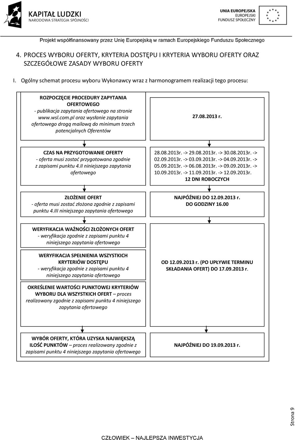 pl oraz wysłanie zapytania ofertowego drogą mailową do minimum trzech potencjalnych Oferentów 27.08.2013 r. CZAS NA PRZYGOTOWANIE OFERTY - oferta musi zostad przygotowana zgodnie z zapisami punktu 4.