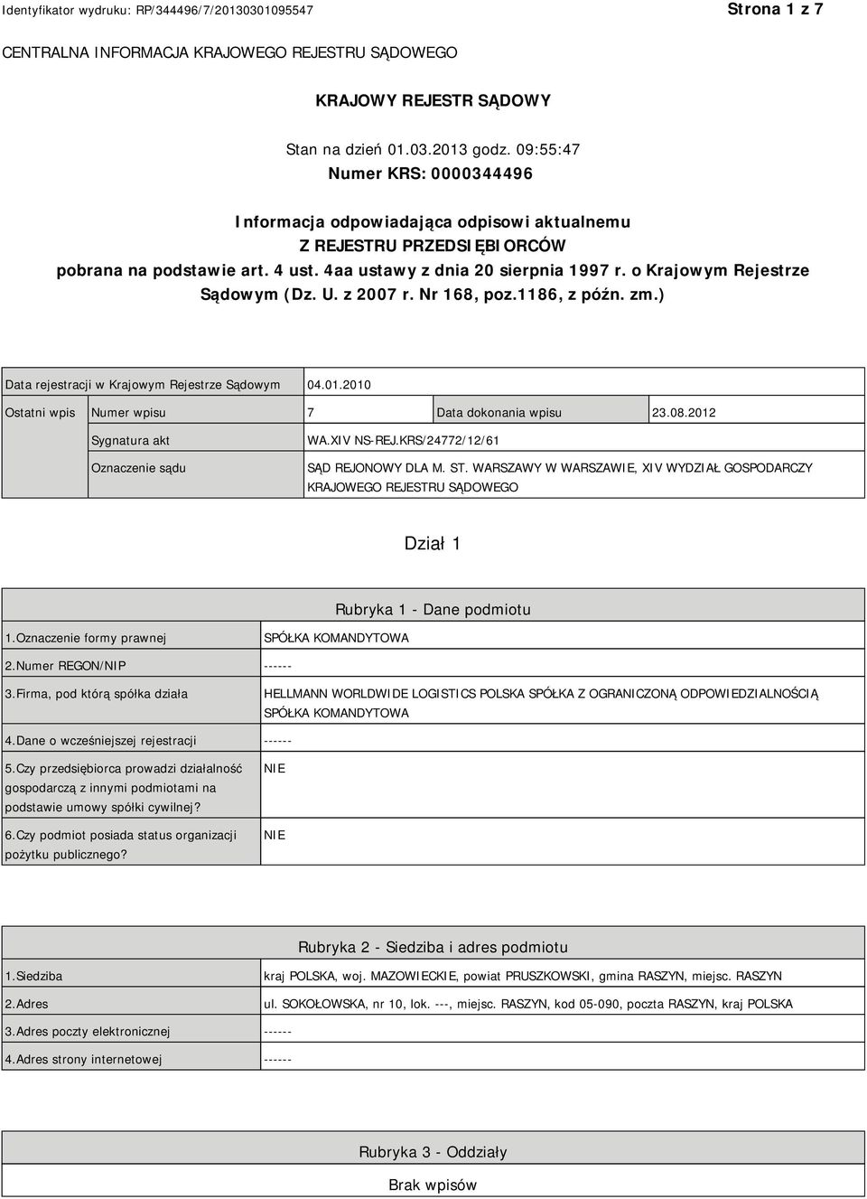 o Krajowym Rejestrze Sądowym (Dz. U. z 2007 r. Nr 168, poz.1186, z późn. zm.) Data rejestracji w Krajowym Rejestrze Sądowym 04.01.2010 Ostatni wpis Numer wpisu 7 Data dokonania wpisu 23.08.