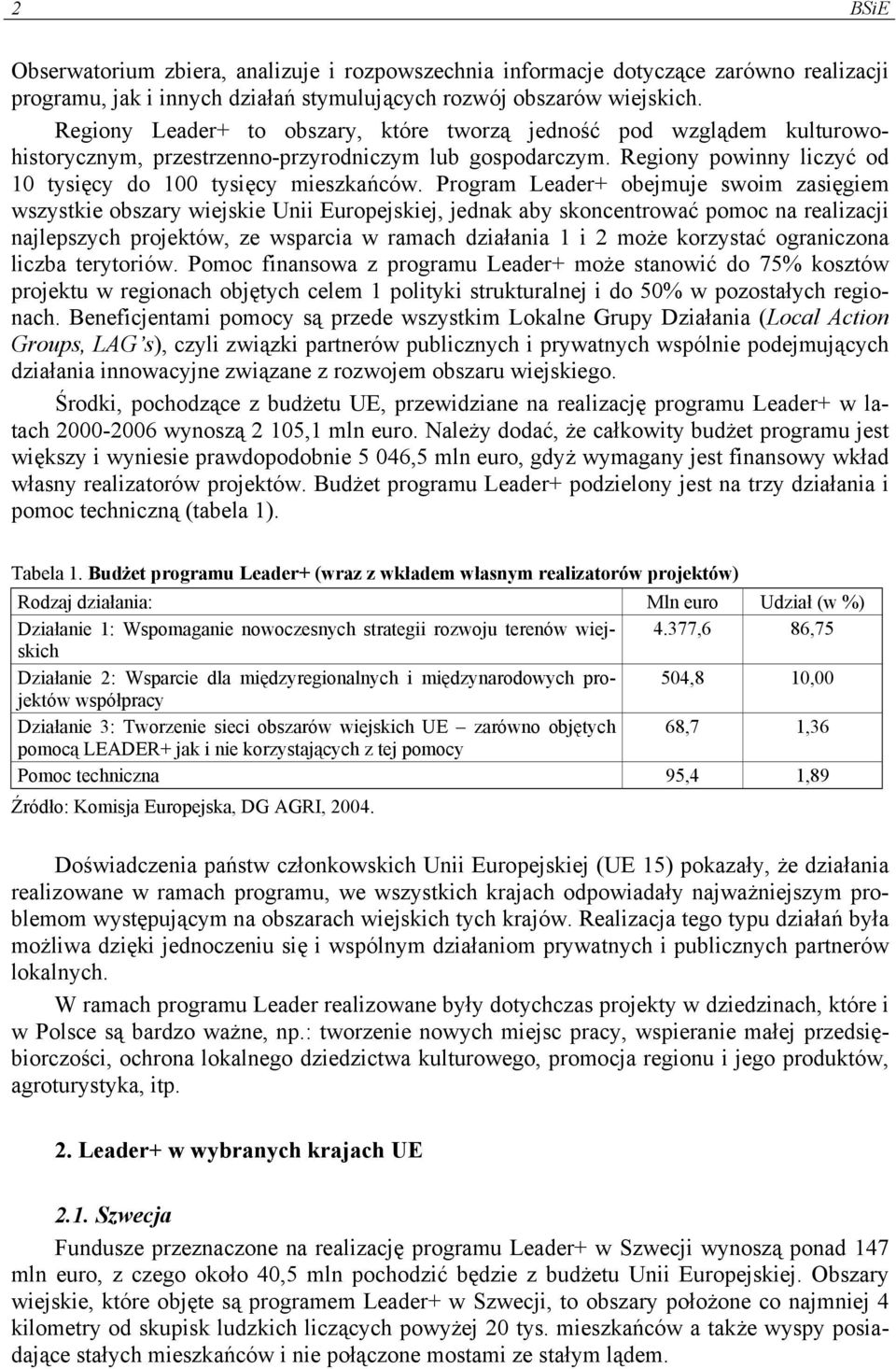 Program Leader+ obejmuje swoim zasięgiem wszystkie obszary wiejskie Unii Europejskiej, jednak aby skoncentrować pomoc na realizacji najlepszych projektów, ze wsparcia w ramach działania 1 i 2 może