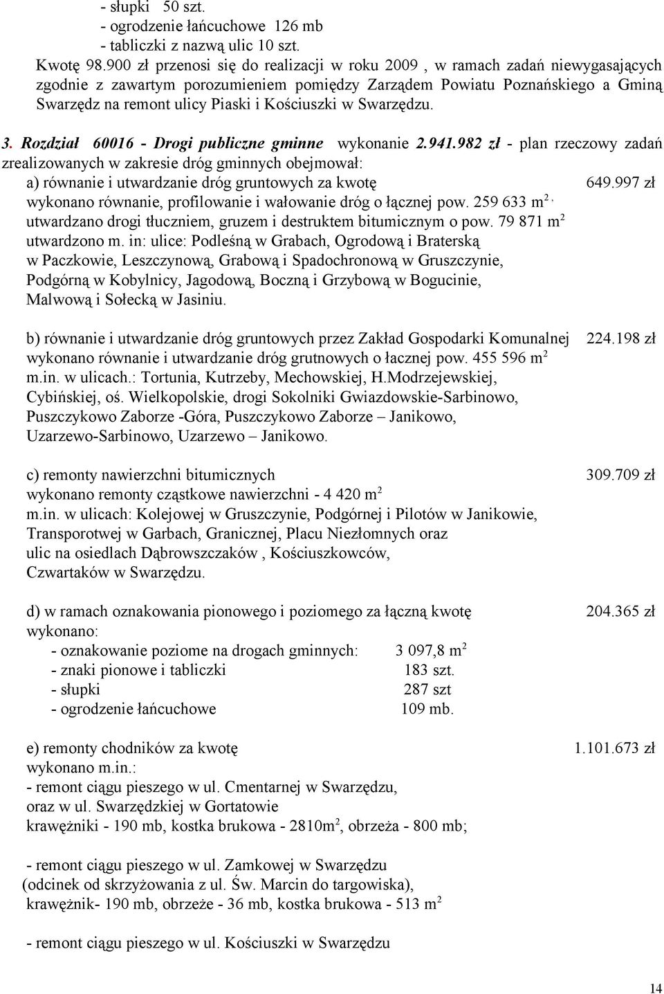 Kościuszki w Swarzędzu. 3. Rozdział 60016 - Drogi publiczne gminne wykonanie 2.941.