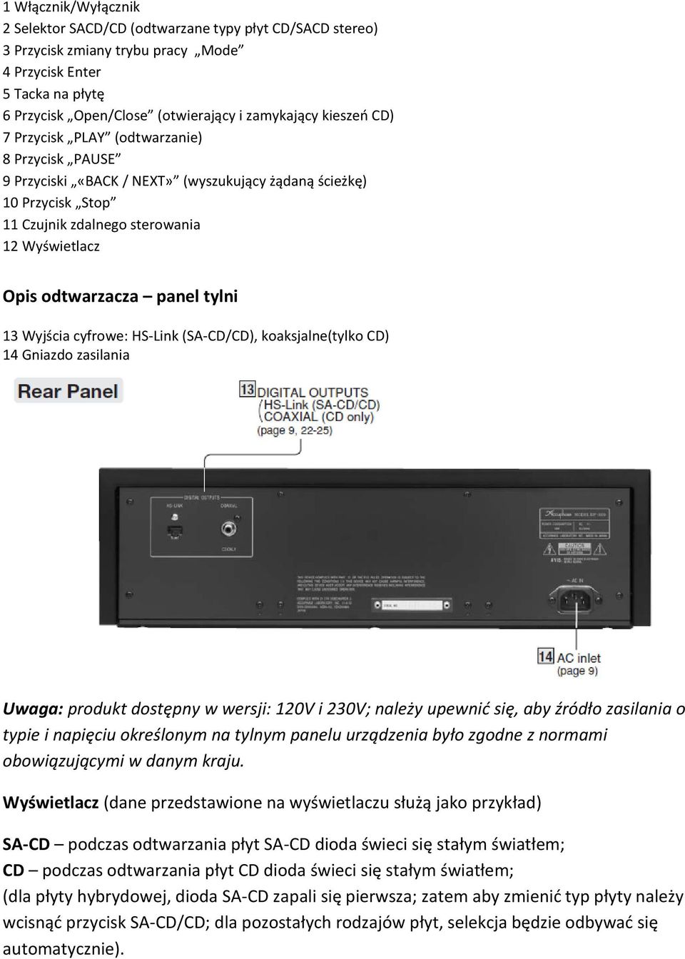 tylni 13 Wyjścia cyfrowe: HS-Link (SA-CD/CD), koaksjalne(tylko CD) 14 Gniazdo zasilania Uwaga: produkt dostępny w wersji: 120V i 230V; należy upewnić się, aby źródło zasilania o typie i napięciu